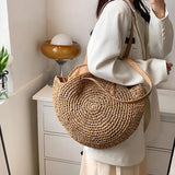 Weiyinxing Round Straw Shoulder Bag Women Large Capacity Handbag Handmade Weaven Beach Bags Fashion Rattan Handle Bag Vacation Tote