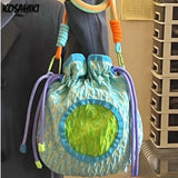 Weiyinxing Girls Pleated Drawstring Handbags Y2k Aesthetic Jacquard Shoulder Bag Streetwear Contrast Color Crossbody Bags for Women