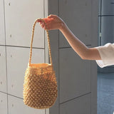 Weiyinxing Straw Bucket Bag For Women Large Capacity Woven Bucket Shoulder Bag Handmade Braided Beach Bag Hot Vacation Handbag