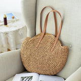 Weiyinxing Round Straw Shoulder Bag Women Large Capacity Handbag Handmade Weaven Beach Bags Fashion Rattan Handle Bag Vacation Tote