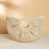Weiyinxing Woven Straw Handbag Wooden Half-moon Portable Beach Bag Holiday Handmade Handle Bag Rattan Shopping Basket Bag bolsa
