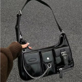 Weiyinxing Korean Women Harajuku Vintage Gothic Black Hand Bag Aesthetic Elegant Punk Wallet Purse Handbags Shoulder Trend Tote Bags