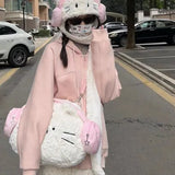 Weiyinxing Kawaii Cute Backpack for Women White Pink Cat Head Shape Fashion Crossbody Bag New Soft Plush Sweet Large Capacity Handbag