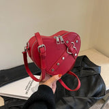 Weiyinxing Y2K Small Chain Rivet Shoulder Bag Heart Shaped Purse Handbag Red PU Leather Gothic Tote Bag Fashion Women Crossbody Bag