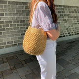 Weiyinxing Straw Bucket Bag For Women Large Capacity Woven Bucket Shoulder Bag Handmade Braided Beach Bag Hot Vacation Handbag