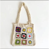 Weiyinxing Women Boho Woven Tote Summer Beach Handbag Floral Handmade Weaving Shoulder Bags Hand Crochet Bag Flower Stitching Shopper Bag