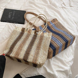 Weiyinxing Striped Beach Straw Bag Large Capacity Shoulder Bag For Women Handmade Woven Handbag Raffia Rattan Bag Casual Tote Bag