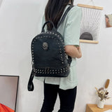 Weiyinxing All Match Soft Leather Rivet Skull Backpack Women Casual Punk Streetwear Schoolbags Y2k Aesthetic Trendy Vintage Backpacks