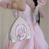 Weiyinxing Lolita Top-handle Bag for Women Elegant Gentle Embroidery Lipstick Purse Ladies Fairy Lace Handbag Floral Pearl Evening Bag