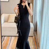 Weiyinxing Women Sexy Bodycon Dress Spring Summer New Temperament Office Lady Elegant Black Knitted Mermaid Dress Ribbed Casual Robe P554
