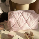 Weiyinxing Checkered Floral Makeup Bag Large Capacity Portable Cosmetic Storage Bag Cotton Quilted Wash Bag Skincare Pouch