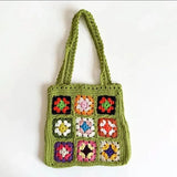 Weiyinxing Women Boho Woven Tote Summer Beach Handbag Floral Handmade Weaving Shoulder Bags Hand Crochet Bag Flower Stitching Shopper Bag