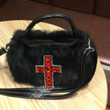 Weiyinxing Y2k Gothic Handbag Soft Plush Black Cross Applique Shoulder Bag Fashion Harajuku Style Punk Hip Hop Biker Crossbody Bag