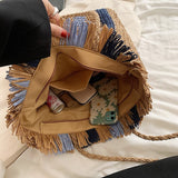 Weiyinxing Striped Beach Straw Bag Large Capacity Shoulder Bag For Women Handmade Woven Handbag Raffia Rattan Bag Casual Tote Bag