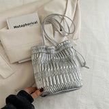 Weiyinxing Pleated Drawstring Shoulder Bucket Bags Women Designer Soft PU Leather Small Handbags Female Casual Purse Underarm Bag