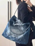 Weiyinxing Y2k Grunge Denim Tote Bag Women Vintage Casual Large Capacity Handbag Purse Female Retro Harajuku Aesthetic Shoulder Bag