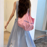 Weiyinxing border Fashion Stripe Handbag Letter Printing Single Shoulder Bag Casual Extra Large Capacity Handheld Shopping Bag