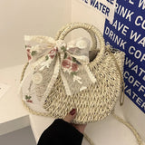 Weiyinxing Bag Women Hand-Woven Handbag Moon Shape Lace Bow Rattan Bag Big Capacity Drawstring Casual Beach Shoulder Crossbody Bag