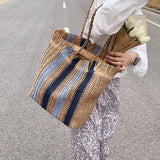 Weiyinxing Striped Beach Straw Bag Large Capacity Shoulder Bag For Women Handmade Woven Handbag Raffia Rattan Bag Casual Tote Bag