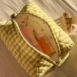 Weiyinxing Checkered Floral Makeup Bag Large Capacity Portable Cosmetic Storage Bag Cotton Quilted Wash Bag Skincare Pouch