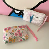 Weiyinxing Green Floral Cute Women Wallet Mini Clutch Purse Coin Purse Cotton Fresh Cute Card Bag Sanitary Napkins Bag Earphone Bag