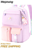 Weiyinxing Cute Cartoon Backpack Hit Color Middle School Kids Student Book Bag Casual Travel Women Rucksack Daypack with Pendant