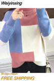 Weiyinxing Knitted Sweater Women Red Patchwork Turtleneck Knitted Winter Jumper Korean Pullover Casual Clothes Warm Loose V644