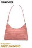 Weiyinxing Women HandBag Fashion PU Leather Western Style Alligator Pattern Lady' Armpit Bag Popular Trendy Retro Shoulder Bag Solid Color