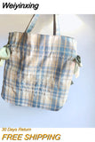 Weiyinxing Plaid Women Simple Shoulder Bag Soft Cloth Fabric Handbag Large Capacity Cotton Tote Bow Canvas Bags For Pretty Young Girl