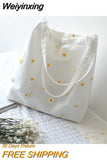Weiyinxing Canvas Tote Bag for Women 2023 Girls Shopper Designer Handbag Casual Embroidery with Daisy Crochet Cute Mesh Shoulder Bags 0409