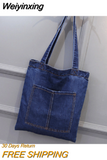 Weiyinxing New Large Capacity Women Shoulder Bags Wild Casual Handbag Street Canvas Denim Shoulder Bag Solid Color Zipper Shopping Bag 0409