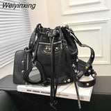 Weiyinxing Luxury Brand Bucket Designer Leather Rivet Crossbody Bags for Women Handbags Fashion Shoulder Messenger Bags Ladies Totes