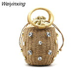 Weiyinxing Round Rattan Handmade diamond Pearl Bag Bohemian Straw Bag Bucket Knitting Shoulder Crossbody Bead Beach Bag Holiday Tote