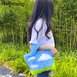 Weiyinxing Winter Original Design Cute White Cloud Blue Sky Plush Handbag Tote Women Bag Purses Handbags Tote Bags Crosbody Bag