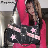 Weiyinxing Fashion Cool Dark Harajuku Style Denim Bag Pink Star Metal Chain Women's Bag Underarm Bag Tote Bag Purses Handbags