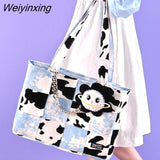 Weiyinxing Japanese Planet Kawaii Cow Print Tote Bag Women Bag High Capacity Shoulder Bags Storage Bag Denim Canvas Bag Shopping Bag