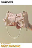 Weiyinxing Pearl Bow Cute Underarm Bag Fairy Women's Small Pink Shoulder Bag Soft PU Leather Female Pearlescent Clutch Purse Handbags