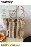 Weiyinxing Striped Beach Straw Bag Large Capacity Shoulder Bag For Women Handmade Woven Handbag Raffia Rattan Bag Casual Tote Bag