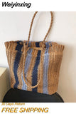 Weiyinxing Striped Beach Straw Bag Large Capacity Shoulder Bag For Women Handmade Woven Handbag Raffia Rattan Bag Casual Tote Bag
