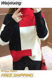 Weiyinxing Knitted Sweater Women Red Patchwork Turtleneck Knitted Winter Jumper Korean Pullover Casual Clothes Warm Loose V644