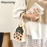 Weiyinxing Black Cat Boba Tea Illustration Canvas Bag Women's Bag Kawaii Japanese Storage Bag Lunch Bag Handbag Fashionable Purses