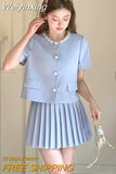 Weiyinxing Quality French Small Fragrance Two Piece Set Women Luxury Beading Shirt Top + Skirt Suits Summer Korean Sweet 2 Piece Sets