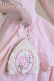 Weiyinxing Lolita Top-handle Bag for Women Elegant Gentle Embroidery Lipstick Purse Ladies Fairy Lace Handbag Floral Pearl Evening Bag