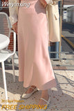 Weiyinxing Satin Skirts Women Casual Loose Long Skirts Soft A-Line Pink Summer Skirt Solid High Waist Harajuku Korean Elegant V812 0409