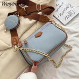 Weiyinxing chains women shoulder bags designer wide strap messenger bags luxury pu leather crossbody bag lady small purse 3 bag set