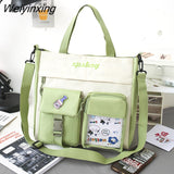 Weiyinxing Women Student Canvas Shoulder Bag High Capacity Messenger Bag Handbag Women Nylon School Bag Multiple Pockets Contrast Color Bag
