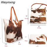 Weiyinxing FASHION Velvet Tote Bags for Women 3 Pieces Set Large Capacity Purses and Handbags Cow Printing Winter Shoulder Bags