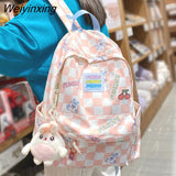 Weiyinxing Women Laptop Plaid College Bag Cute Cartoon Girl Travel Backpacks Nylon Fashion Lattice Ladies Kawaii Backpack Female School Bag