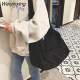 Weiyinxing Women Large Capacity Canvas Bag Female Student Bag Solid Color Shoulder Women Messenger Bag Wide Shoulder Straps Square Bag