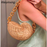 Weiyinxing Thick Chains Rattan Conch Women Shoulder Bags Design Wicker Woven Handbags Luxury Summer Beach Straw Bag Bali Purse 2023